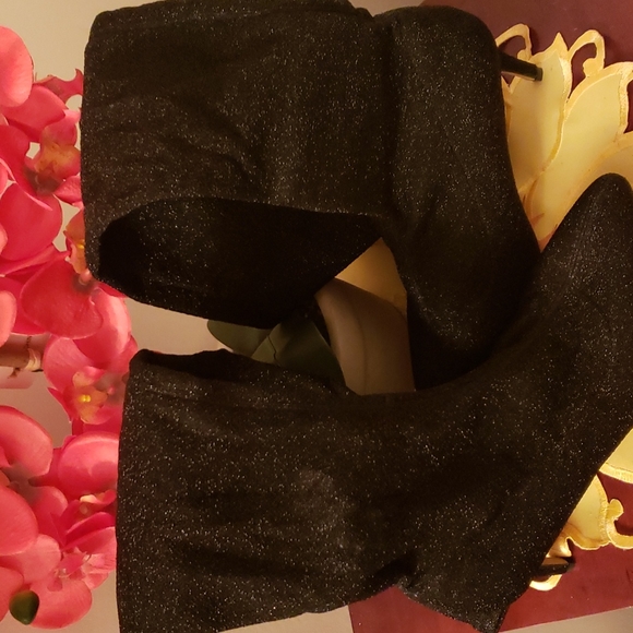 Marjorie2 Over-the-knee vegan, black Glitter Sparkling Black Heel Boots Sz38 - Picture 2 of 4